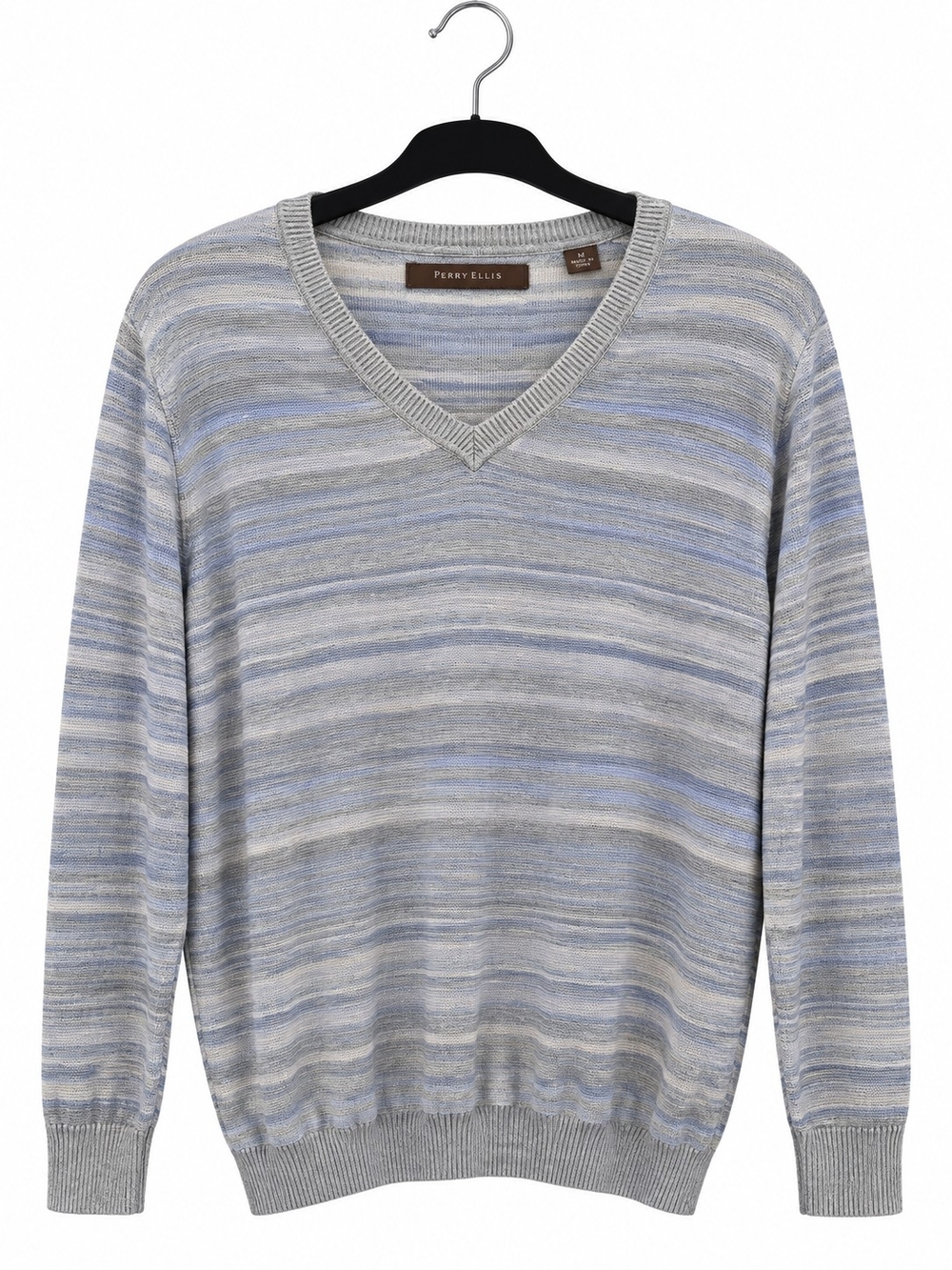 Perry Ellis Blue Gray Striped V-Neck Sweater – Men’s Large